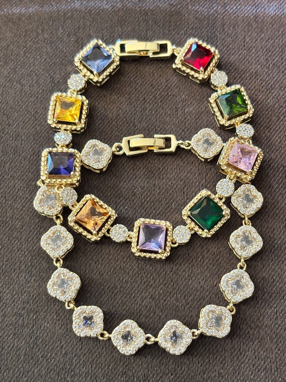 Pretty Bird Yellow Gold Multicolor Princess-Cut & Jelly Clover CZ Bracelets - Picture 4 of 13